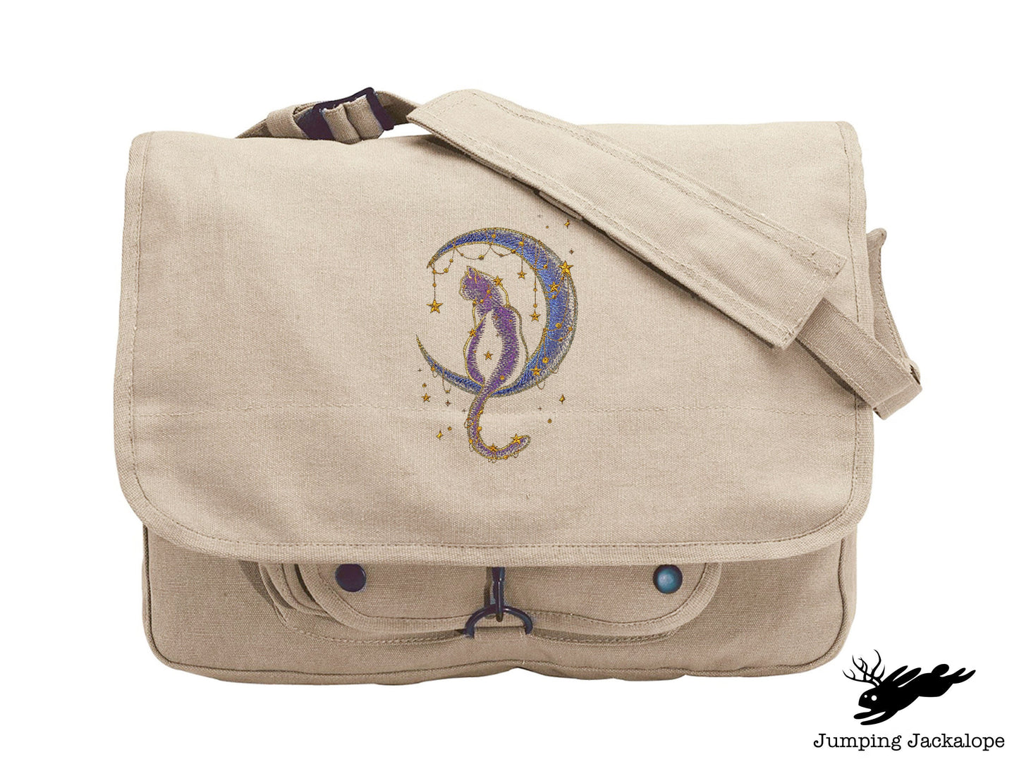 Under the Stars Kitty Embroidered Canvas Messenger Bag, Cat Bag, Cat Moon Bag