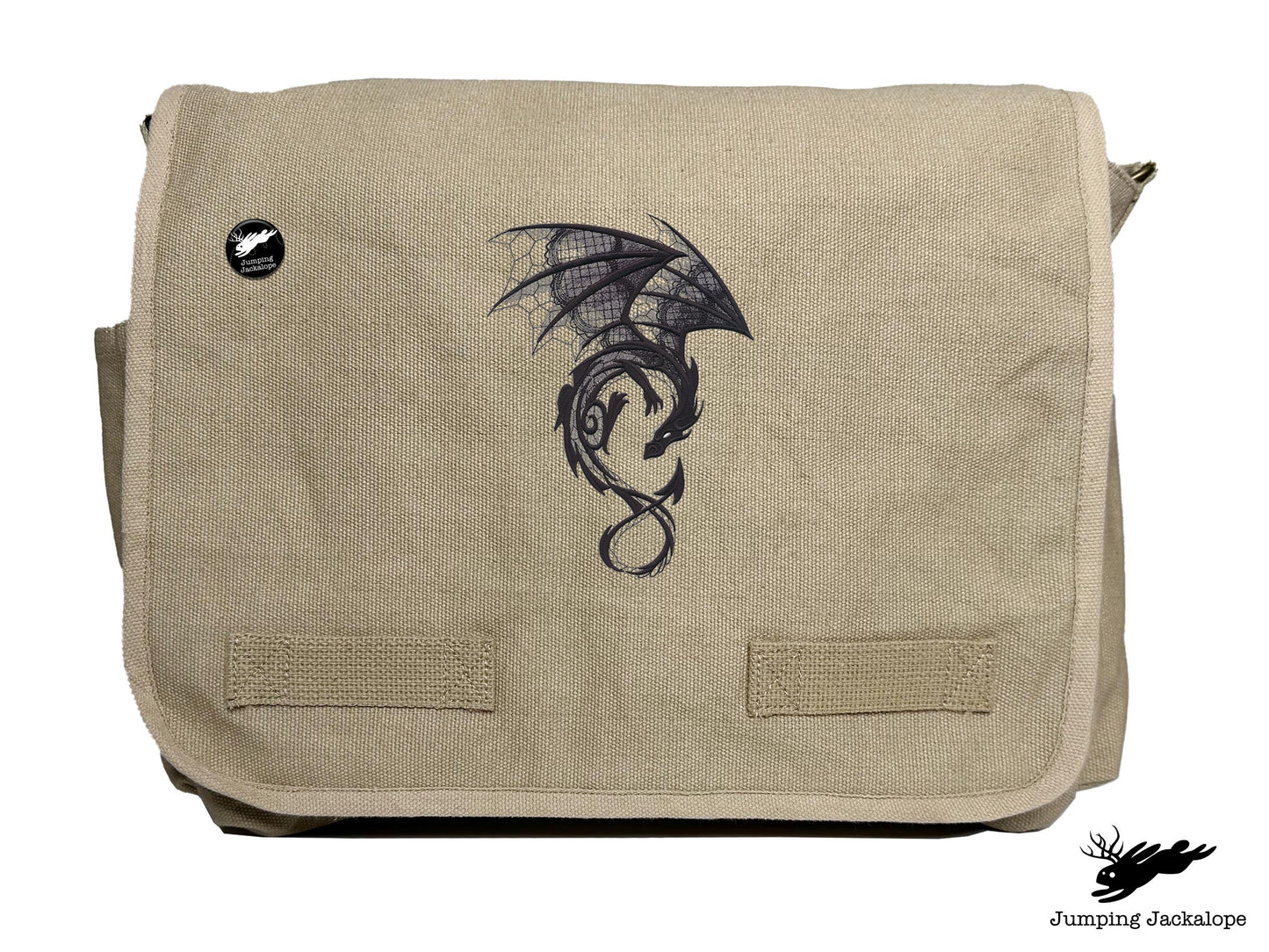 Dark Creatures Dragon Embroidered Classic Canvas Messenger Bag