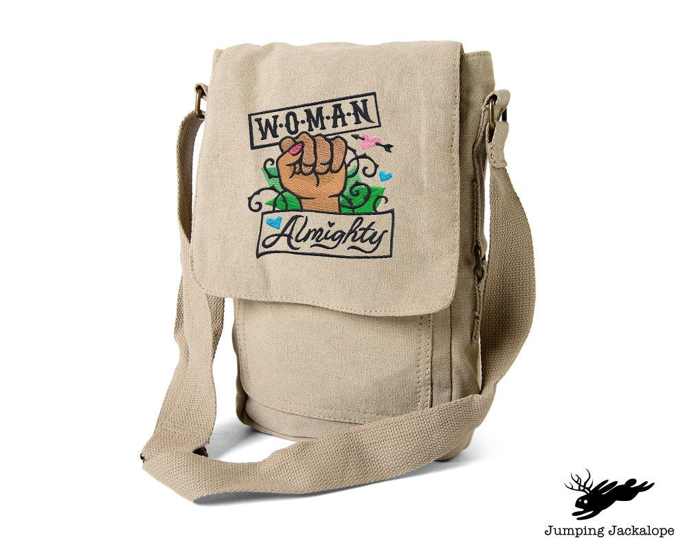 Femme Fatale - Woman Almighty Embroidered Canvas Tech, Tablet, iPad, Kindle, Fire, Camera Bag