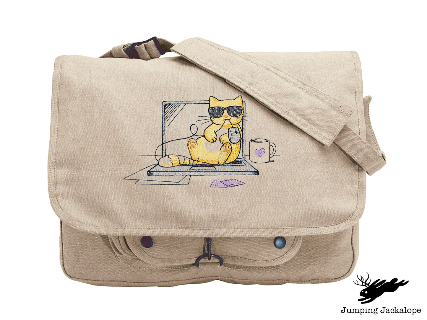 Purr-fectly Cool Co-worker Kitty Embroidered Canvas Messenger Bag, Cat Bag, Work Cat Bag
