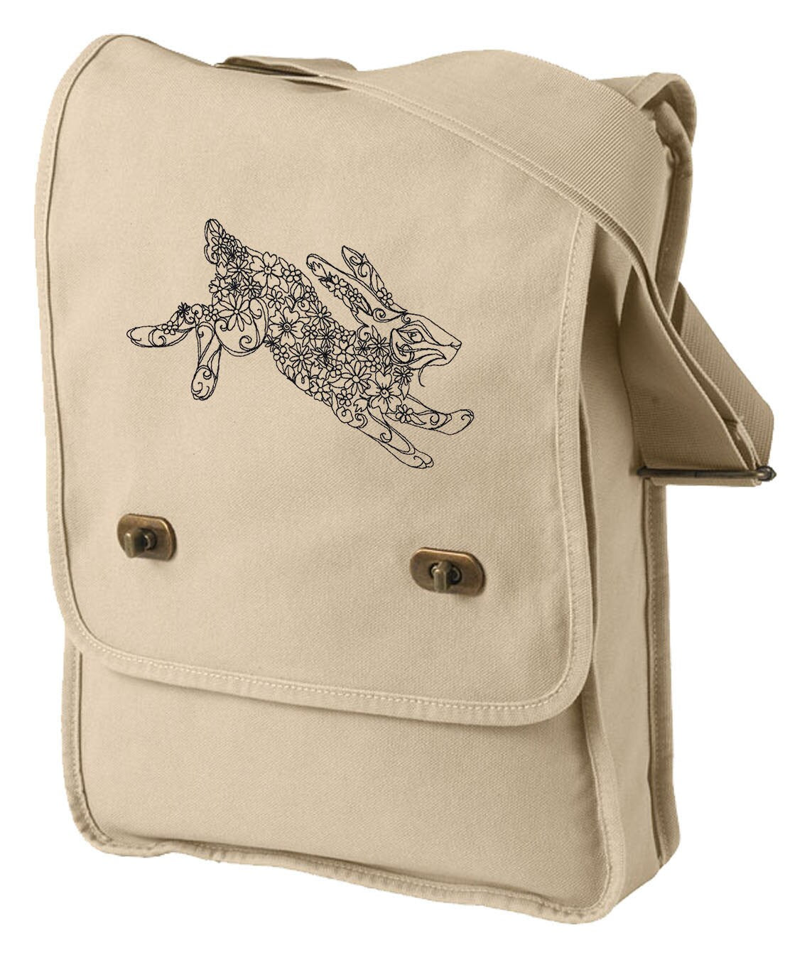 Flower Bunny Embroidered Canvas Field Bag
