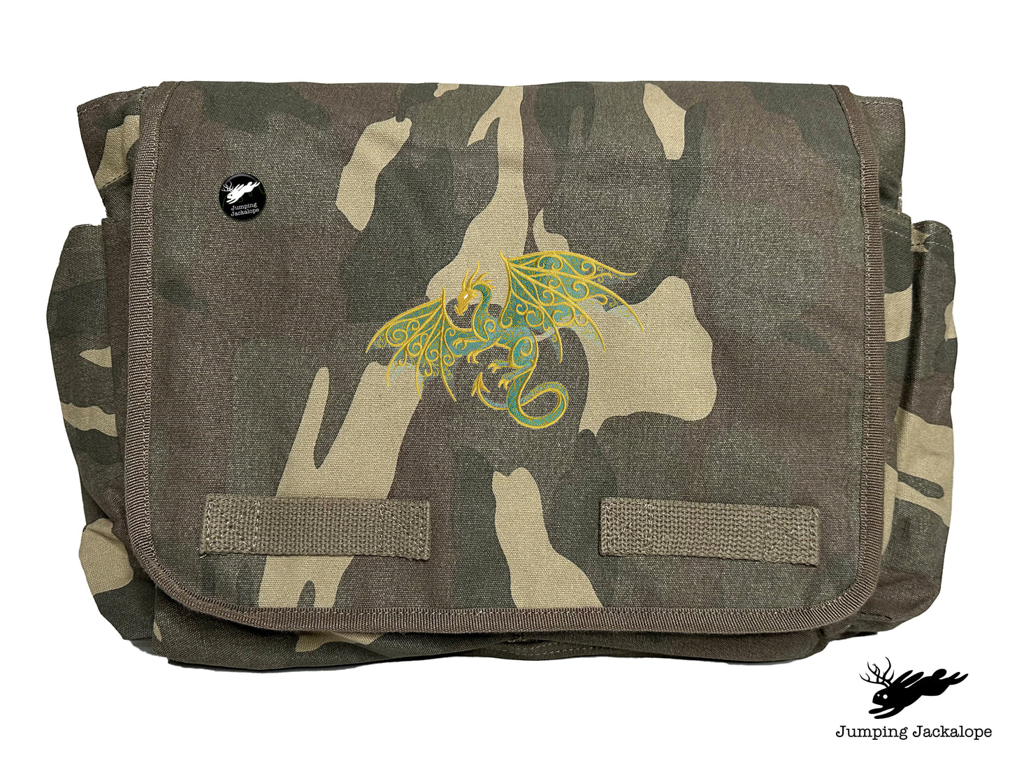 a camouflage bag with a dragon on it