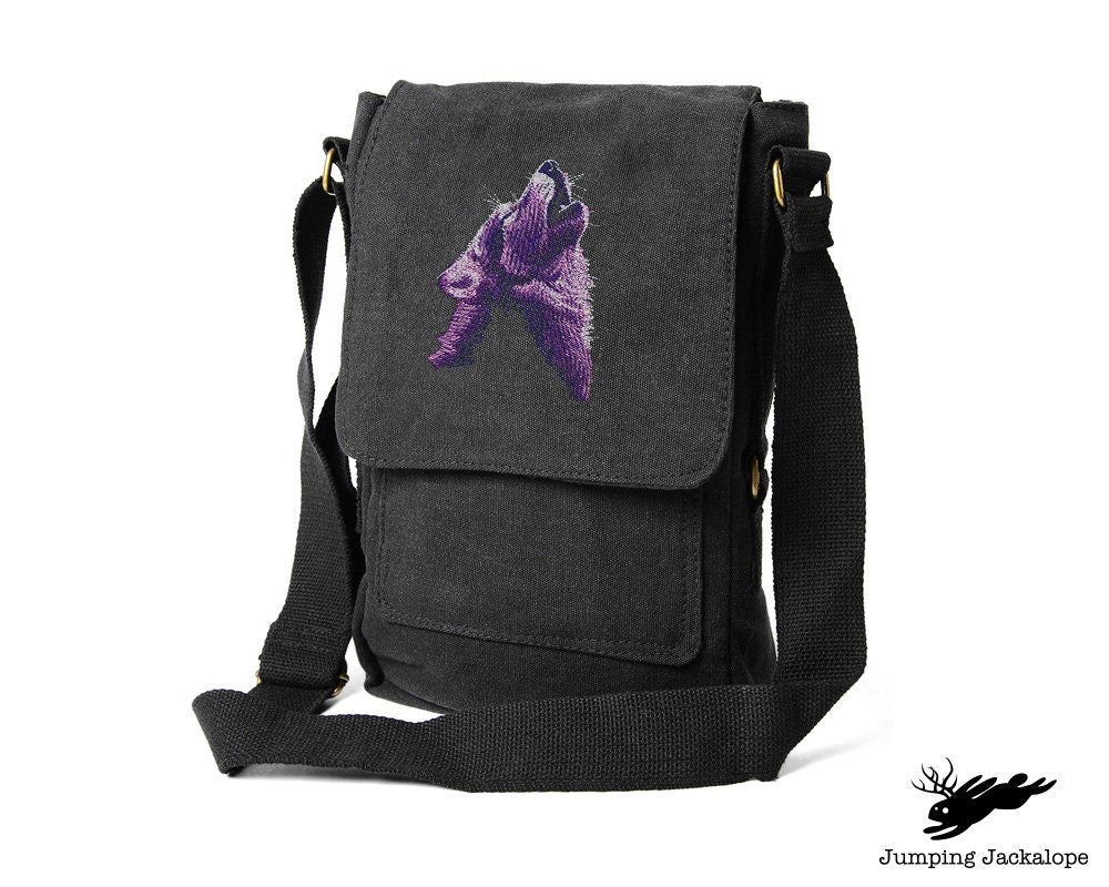 Moonlit Wolf Embroidered Canvas Tech Bag