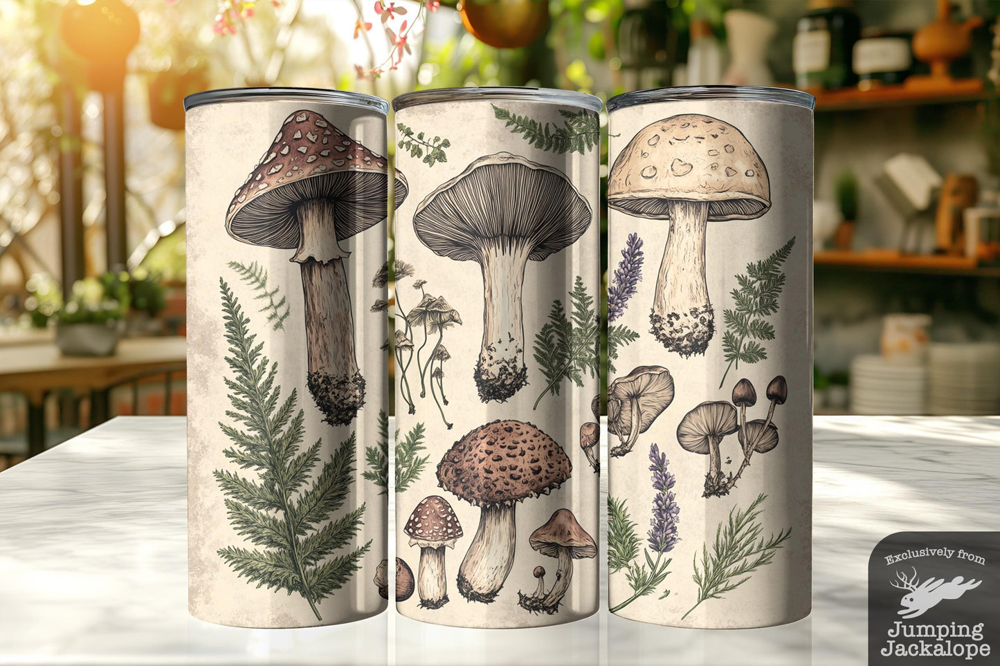 Vintage Botanical Mushroom Tumbler – 20oz Black & White Forest Sketch