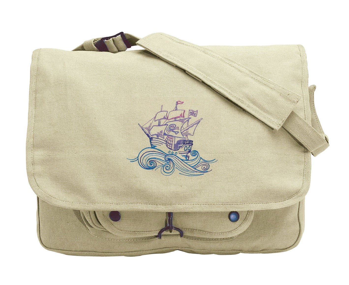 Ahoy Matey Purate Ship Embroidered Canvas Messenger Bag
