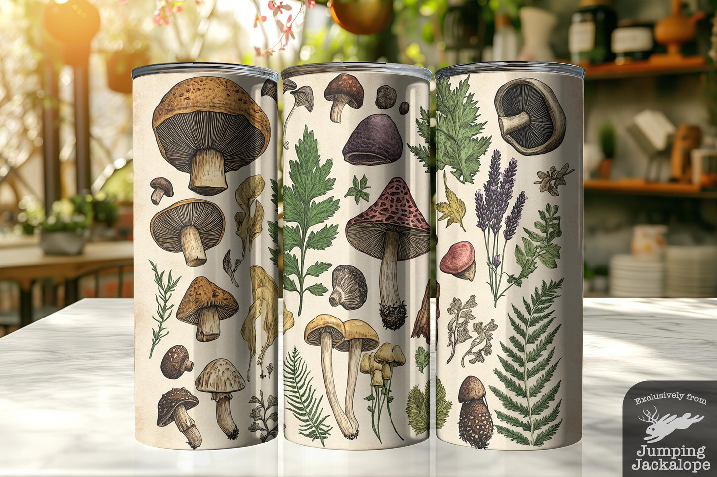 Vintage Botanical Mushroom Tumbler – Earthy Fungi & Woodland Herbs | Cottagecore 20oz Tumbler