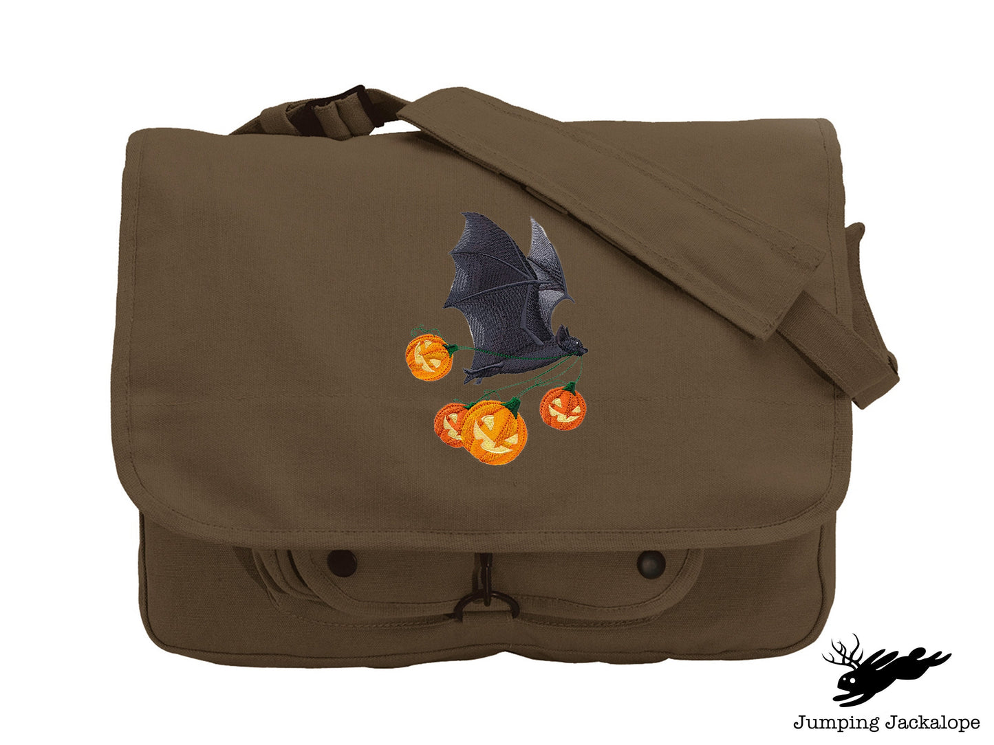 Flying Bat with Jack-o-Lanterns Embroidered Canvas Messenger Bag