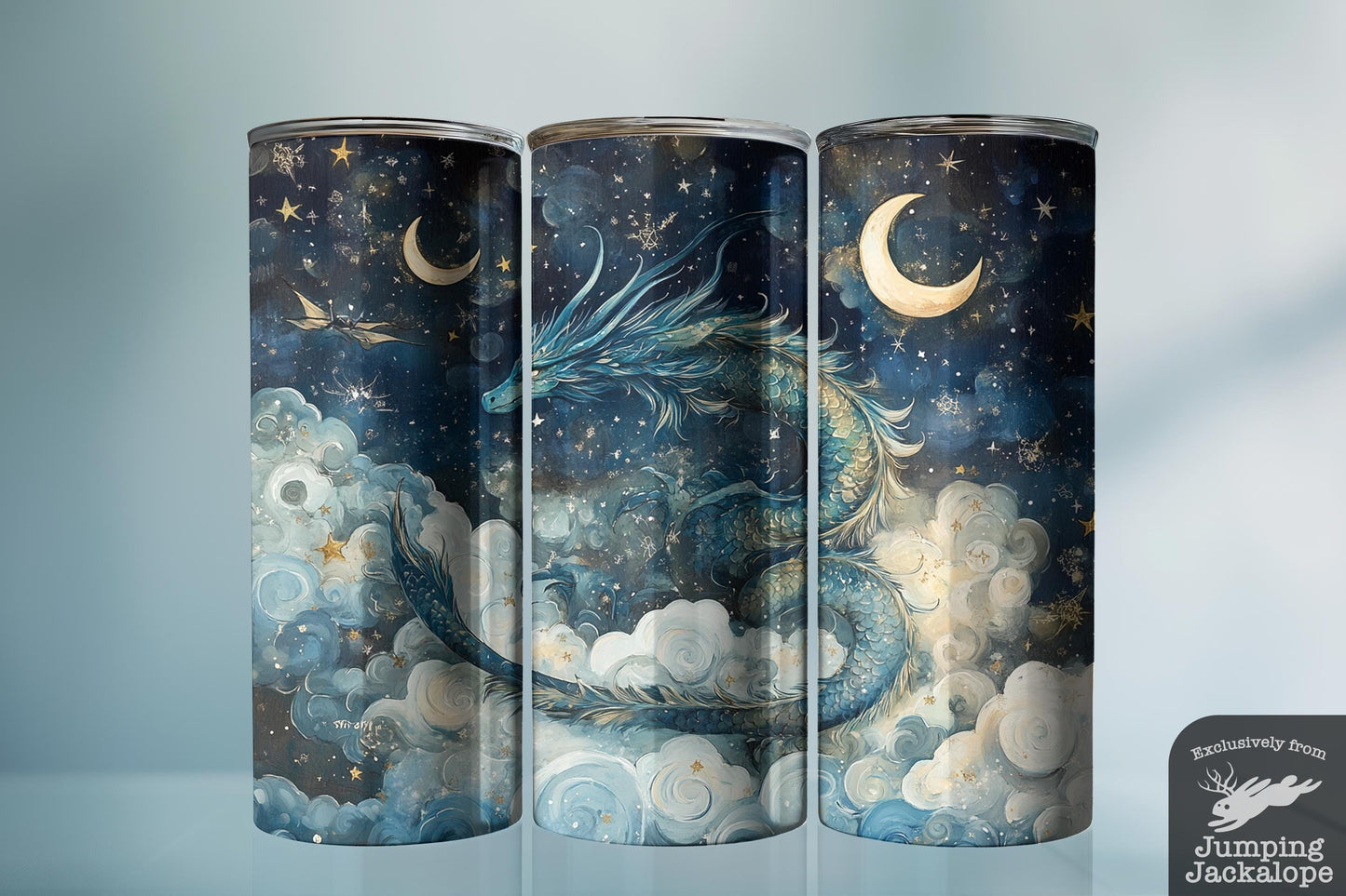 Lunar Dream Dragon Tumbler – 20oz Celestial Sky Serpent | Whimsical Fantasy Cloud Art Cup