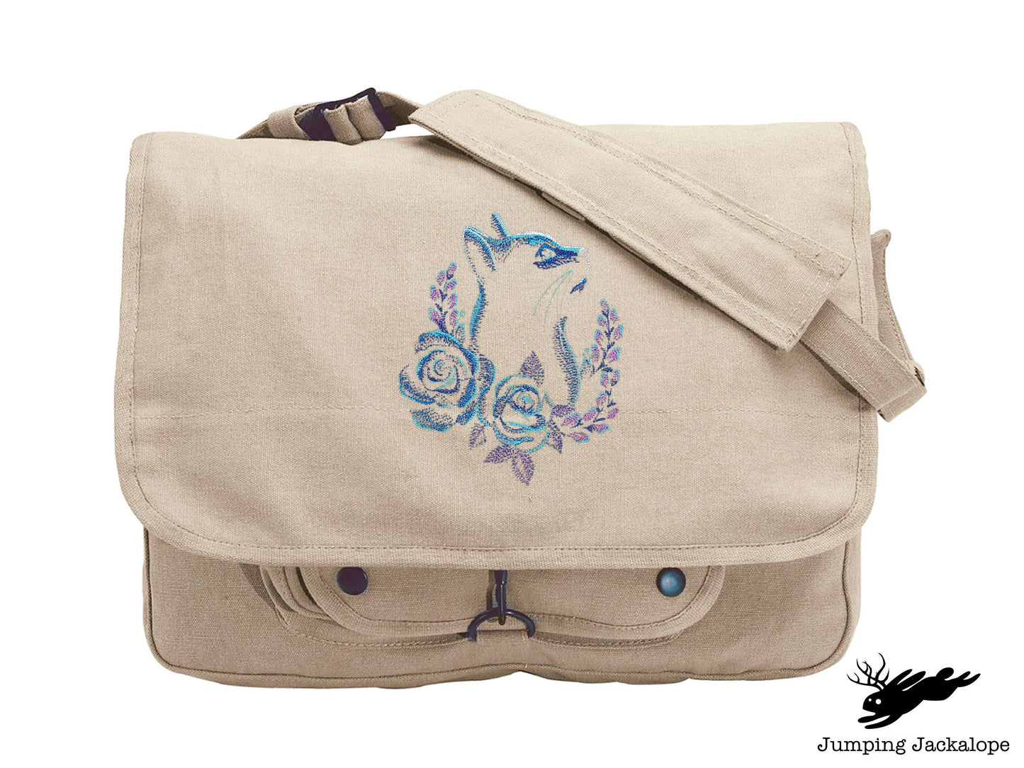 Rose Laurel Cat Embroidered Canvas Messenger Bag, Cat Bag, Flower Cat Bag