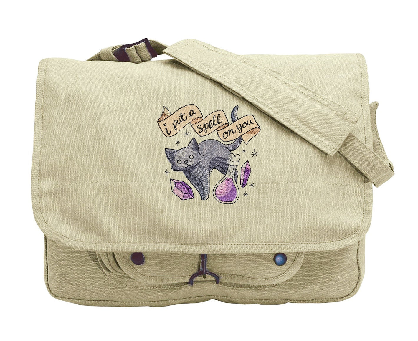 Wicked Cute I Put a Spell On You, Cat Design Bag Embroidered Canvas Messenger Bag