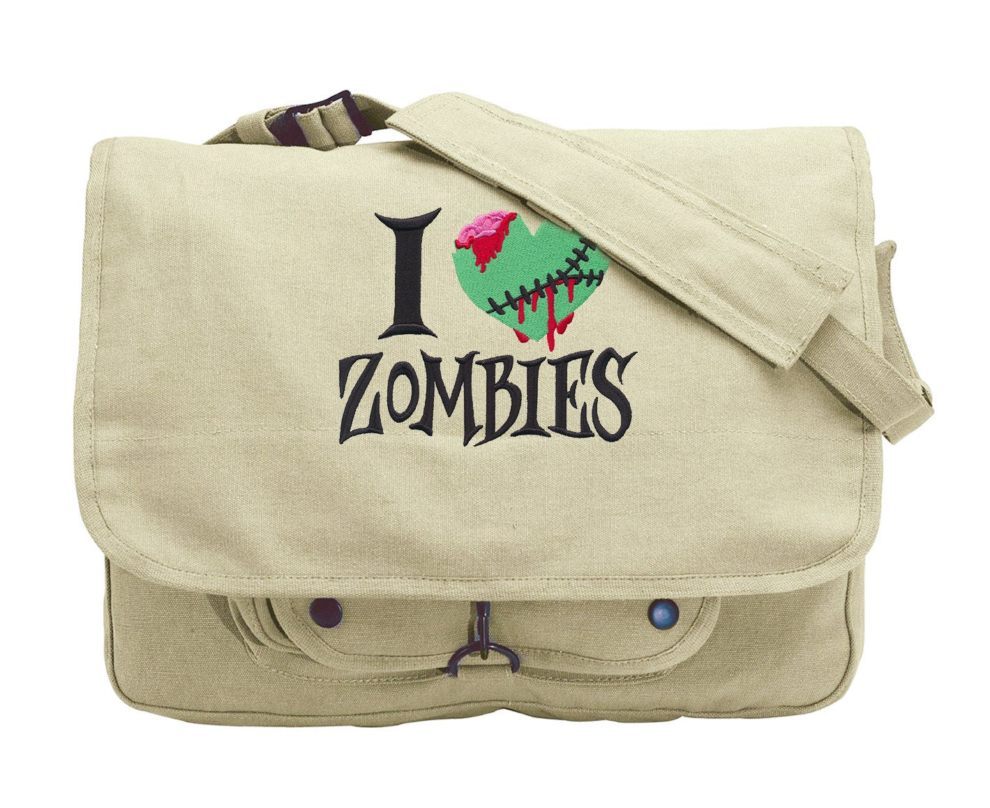 I Heart Zombies Embroidered Canvas Messenger Bag