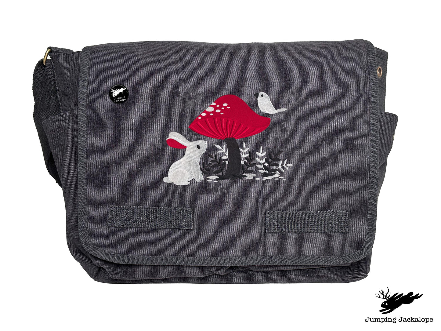 A Curious Find Bunny and Mushroom Design Embroidered Classic Canvas Messenger Bag
