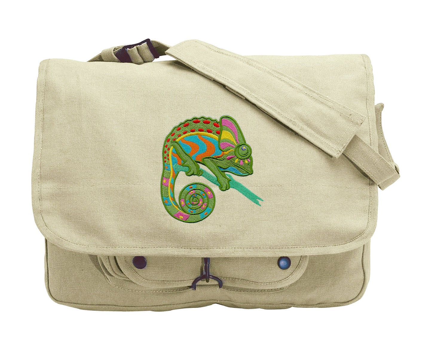 Caribbean Creatures Chameleon Embroidered Canvas Messenger Bag