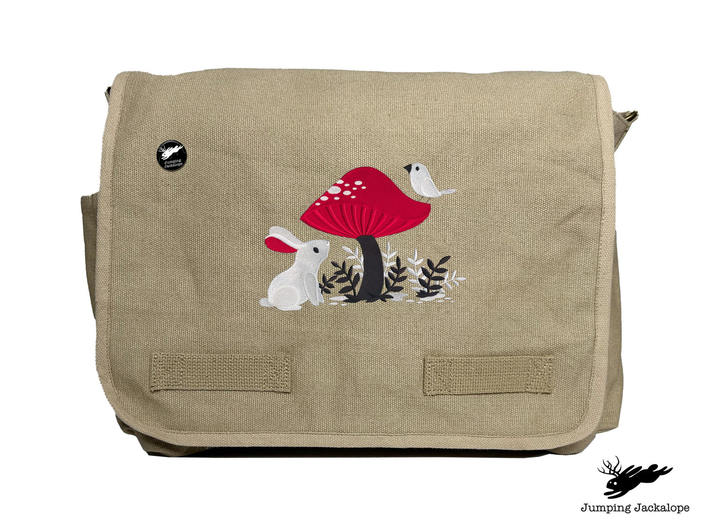 A Curious Find Bunny and Mushroom Design Embroidered Classic Canvas Messenger Bag