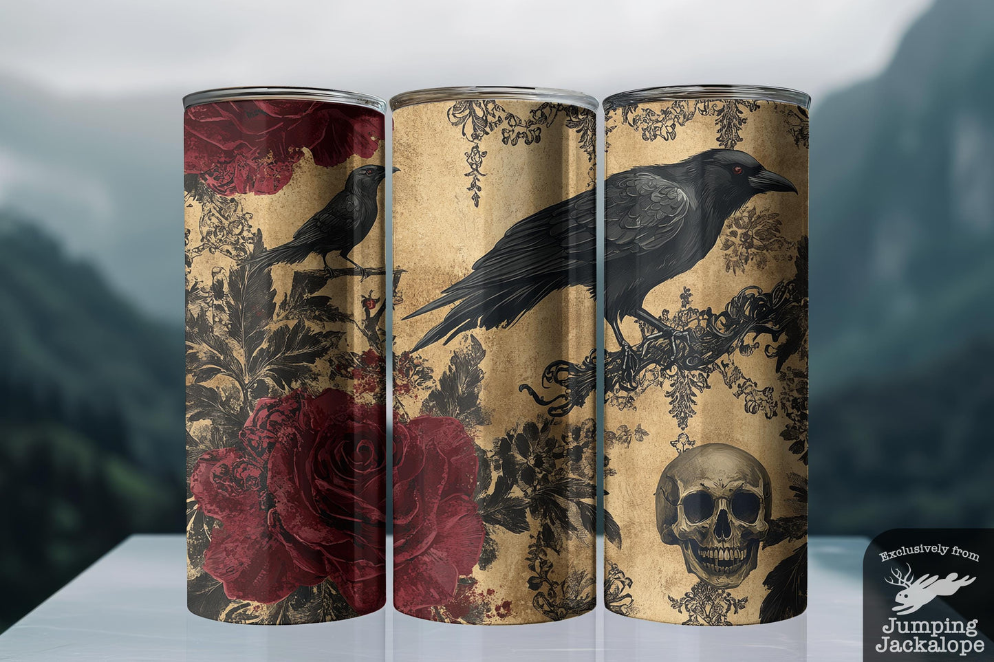 Gothic Raven Skull Tumbler – 20oz Crimson Eye Crow & Roses | Dark Fantasy Vintage Drinkware