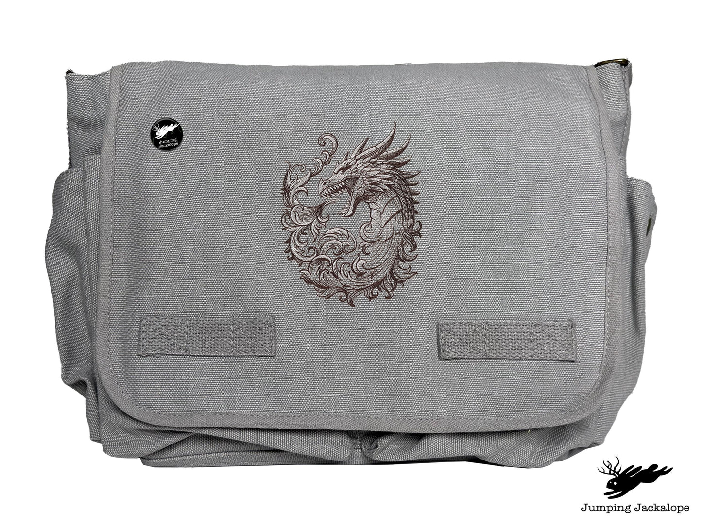 Baroque Scrollwork Dragon Embroidered Classic Canvas Messenger Bag