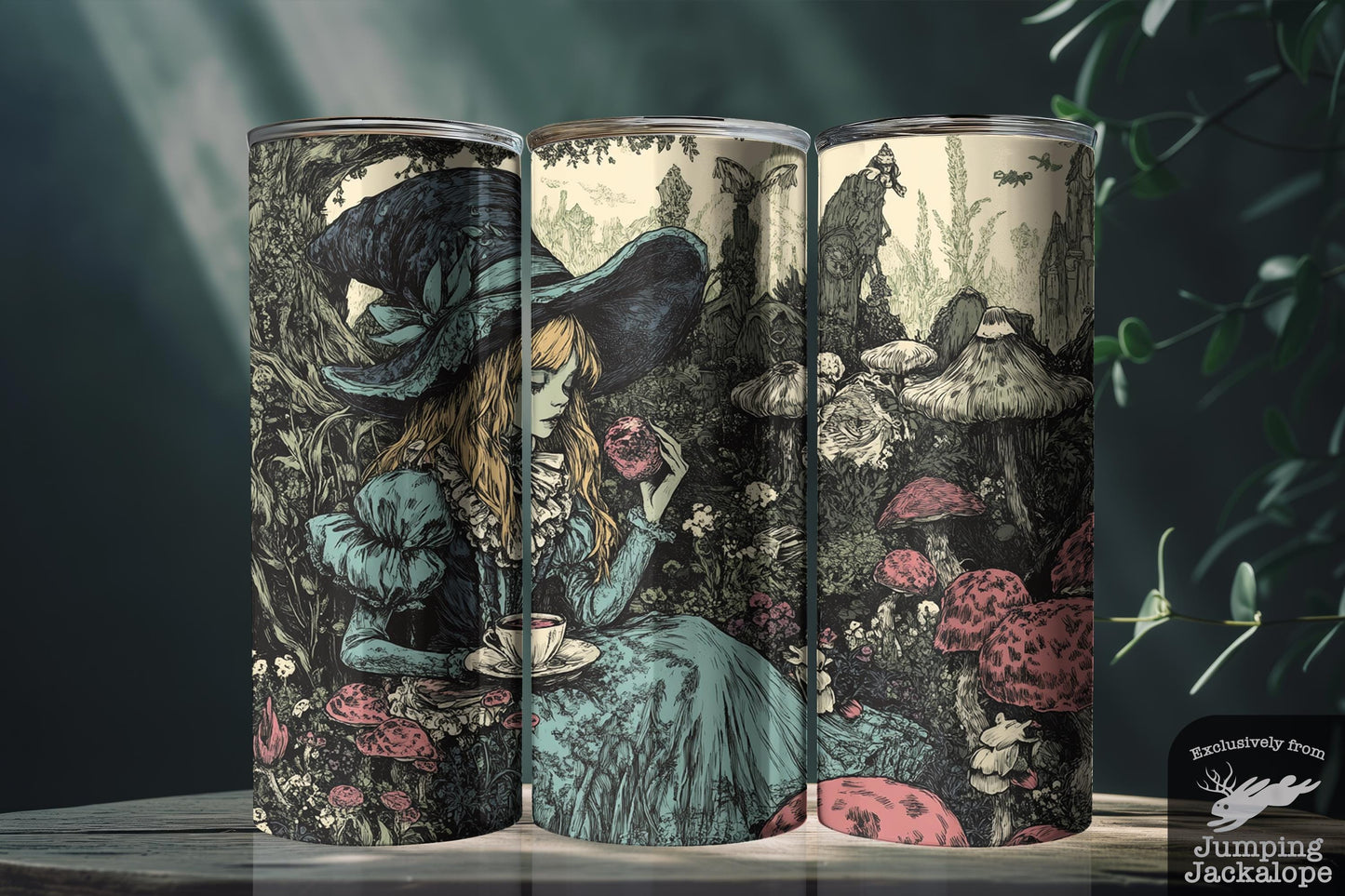 Alice in Wonderland Gothic Tumbler – 20oz Sublimated Cup with Lid & Straw | Vintage Fairytale Tea Scene | Customizable Gift