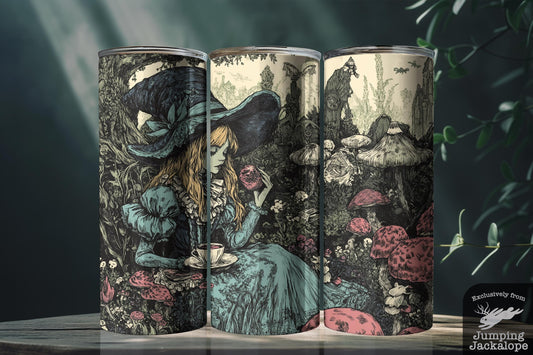 Alice in Wonderland Gothic Tumbler – 20oz Sublimated Cup with Lid & Straw | Vintage Fairytale Tea Scene | Customizable Gift