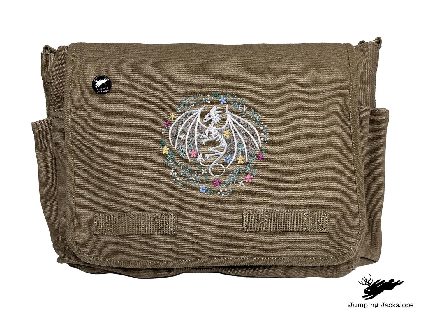 Floral Dragon Skeleton Embroidered Classic Canvas Messenger Bag