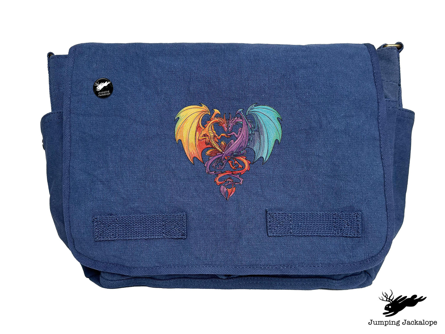 Intertwined Rainbow Heart Dragons Embroidered Classic Canvas Messenger Bag