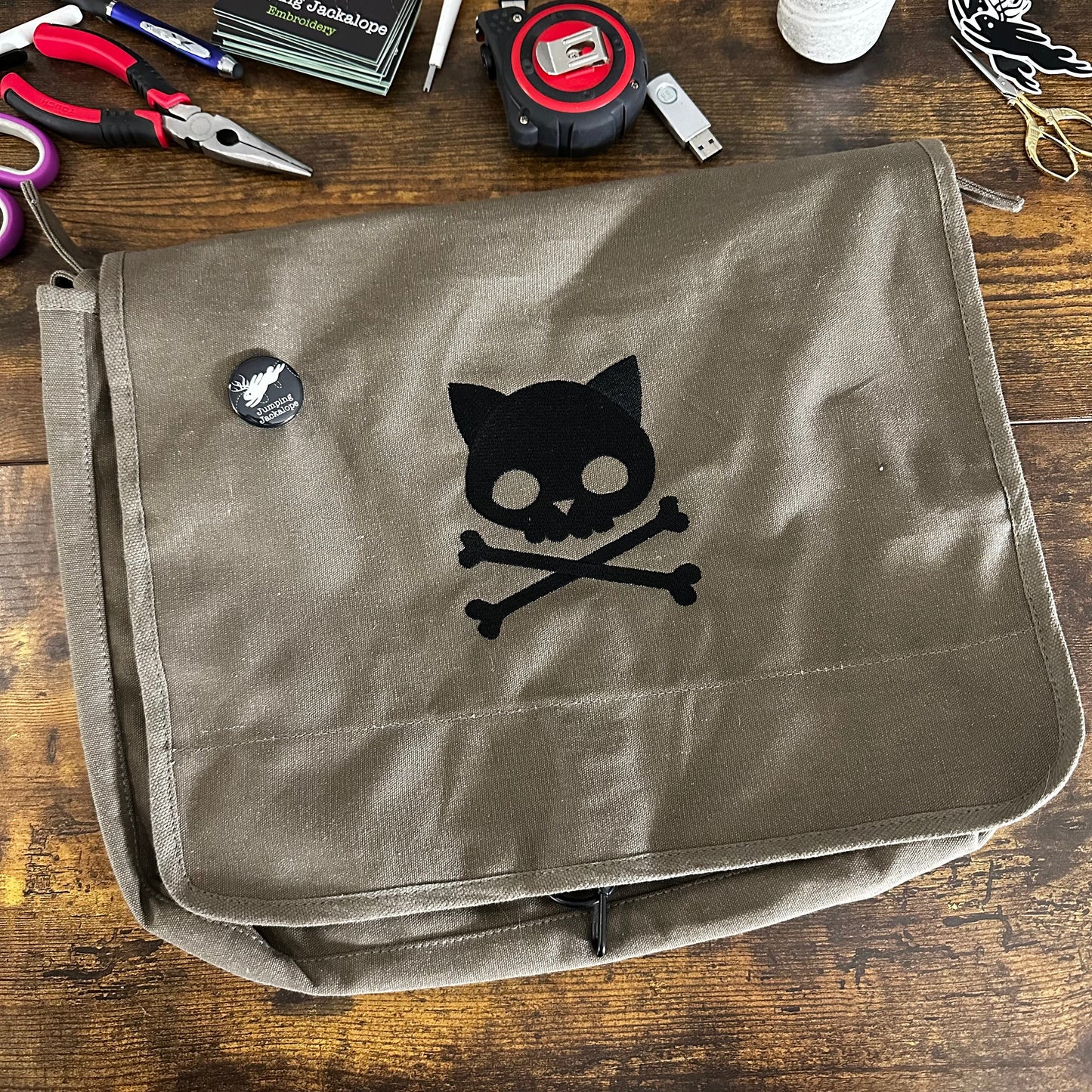 Punk Kitty Embroidered Canvas Messenger Bag