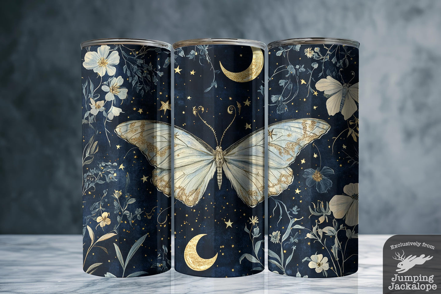 Starry Moon Moth Tumbler – 20oz Celestial Butterfly with Floral Swirls | Midnight Fantasy Cup