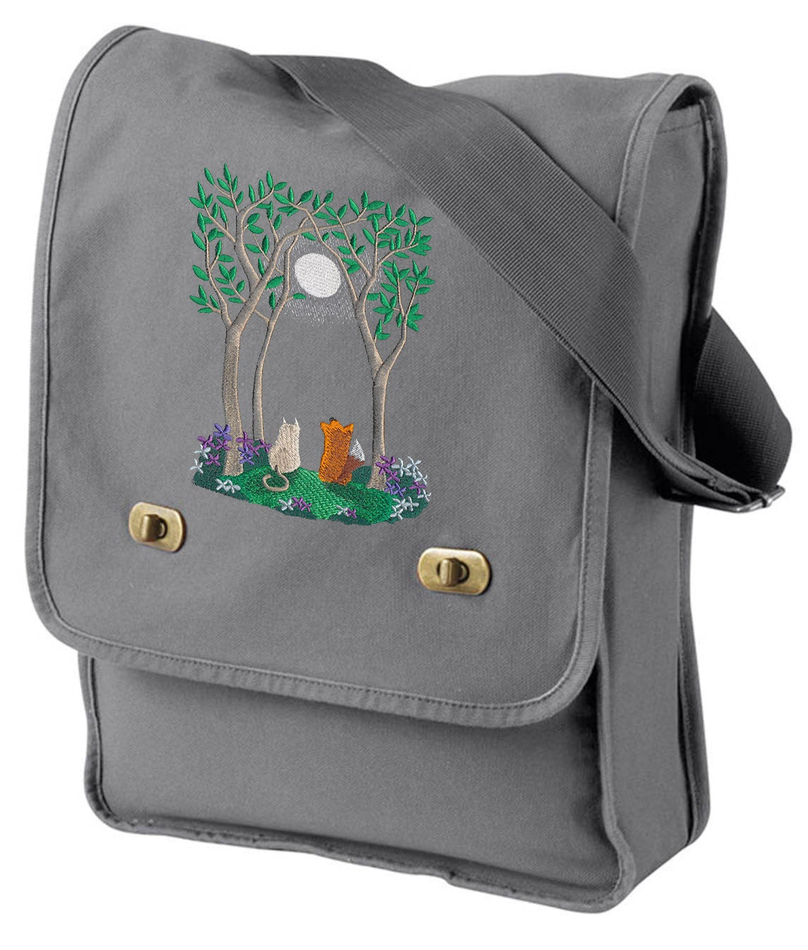 Moonlit Summer Cat Fox Kitty Crescent Moon Embroidered Canvas Field Bag