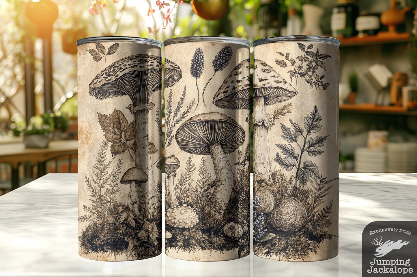 Woodland Mushroom Etching Tumbler – Rustic Sketches of Fungi & Flora