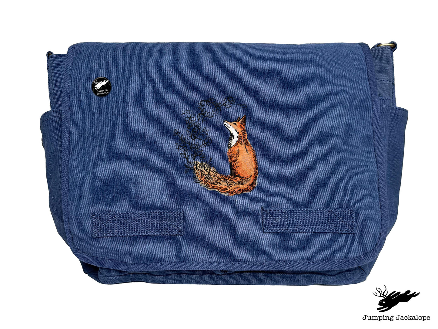 Flower Tailed Fox Design Embroidered Classic Canvas Messenger Bag