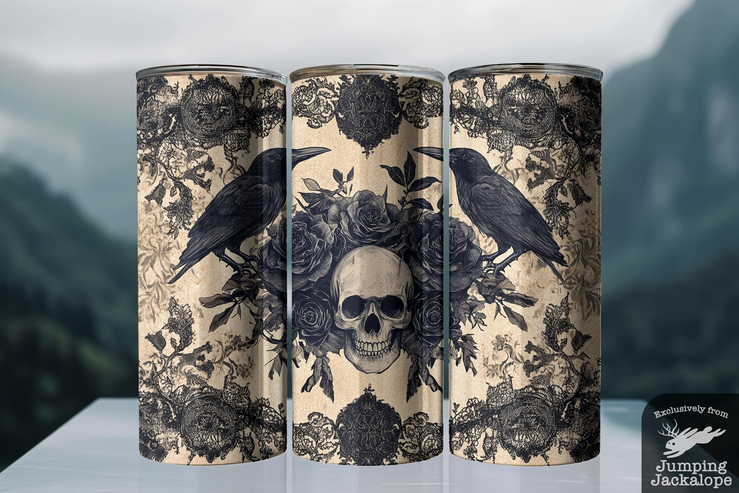 Victorian Garden Skull Tumbler – 20oz Raven, Roses & Lace Gothic Art | Dark Fantasy Drinkware