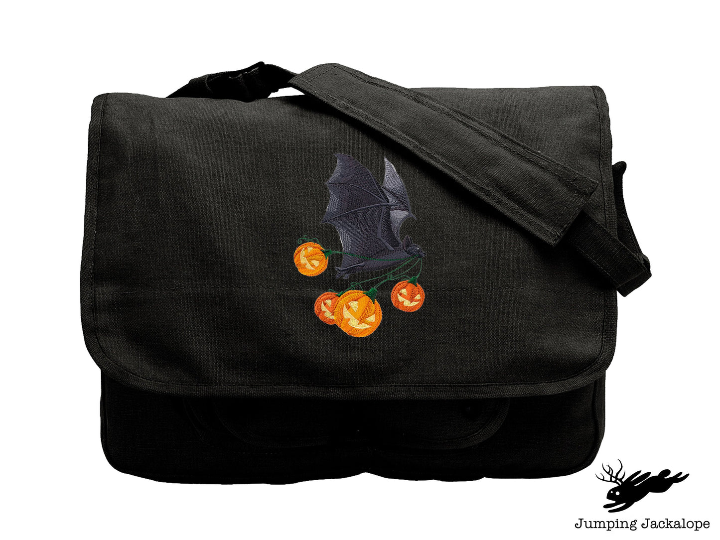 Flying Bat with Jack-o-Lanterns Embroidered Canvas Messenger Bag