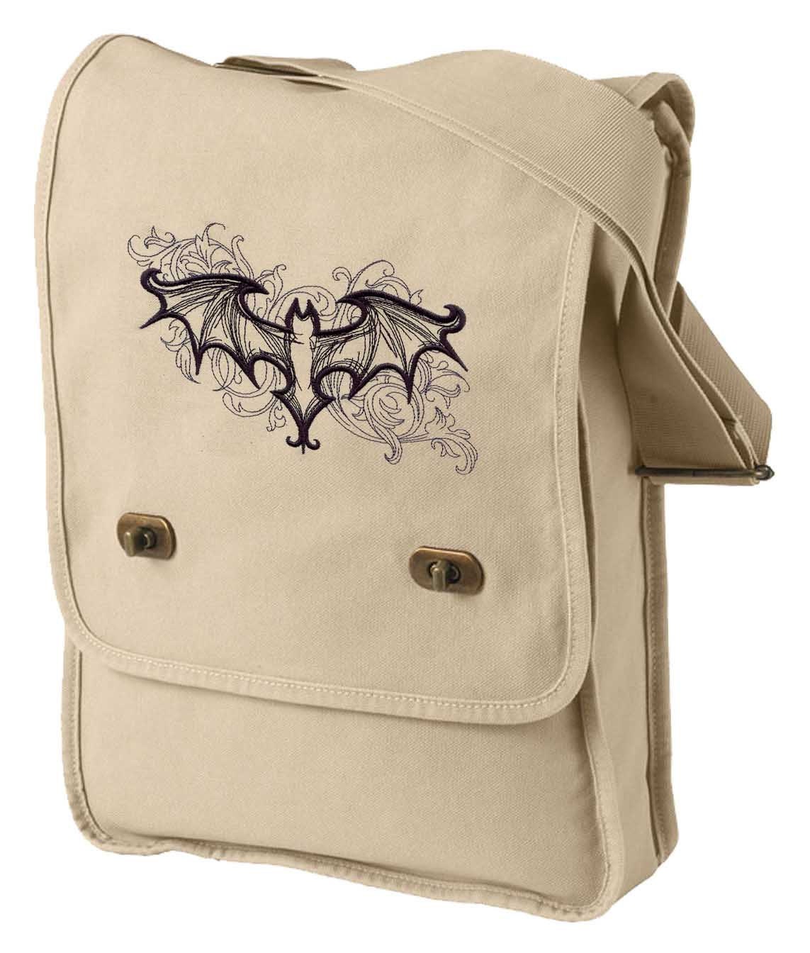 Elegant Bat Embroidered Canvas Field Bag