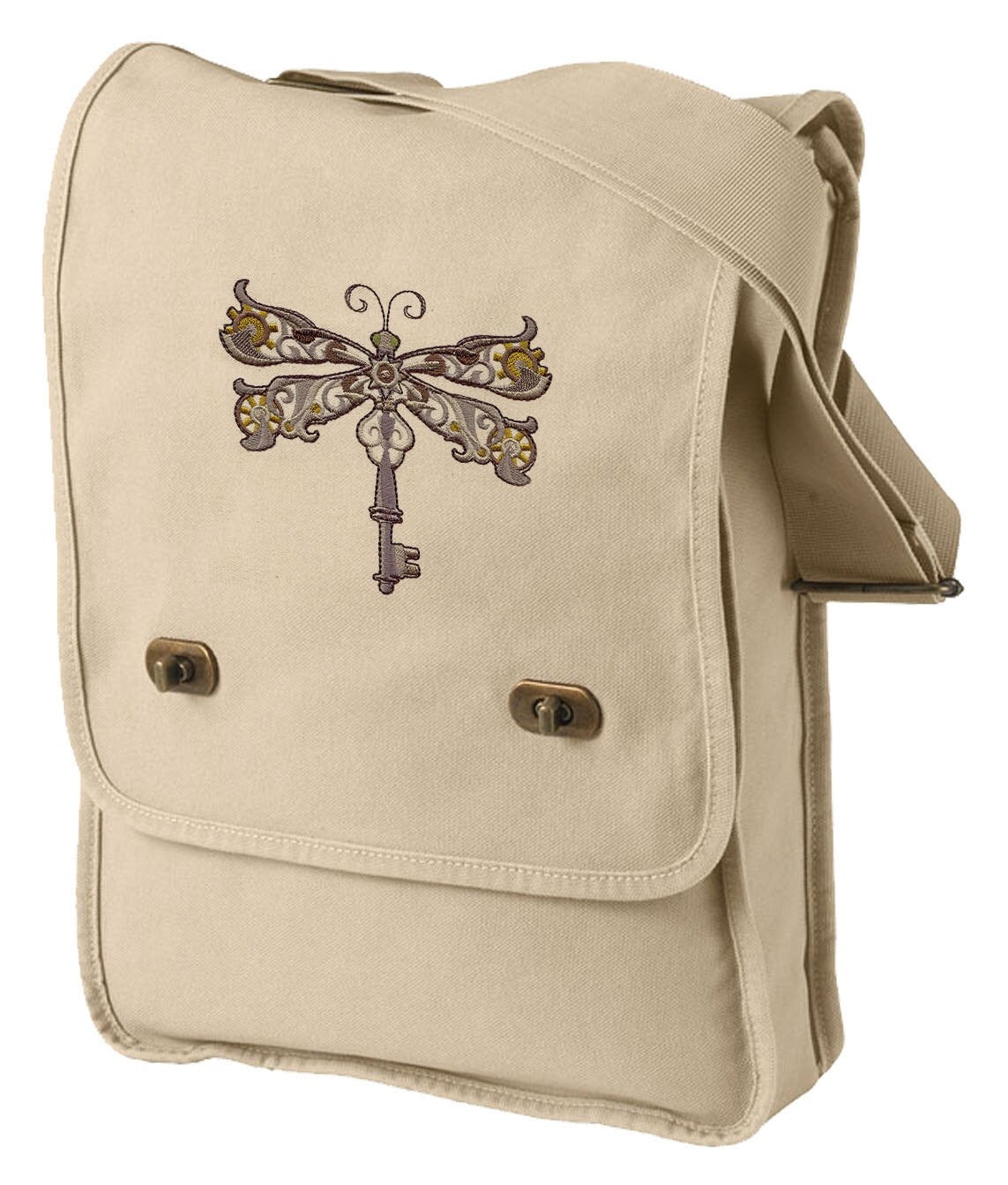 Steampunk Dragonfly Embroidered Canvas Field Bag