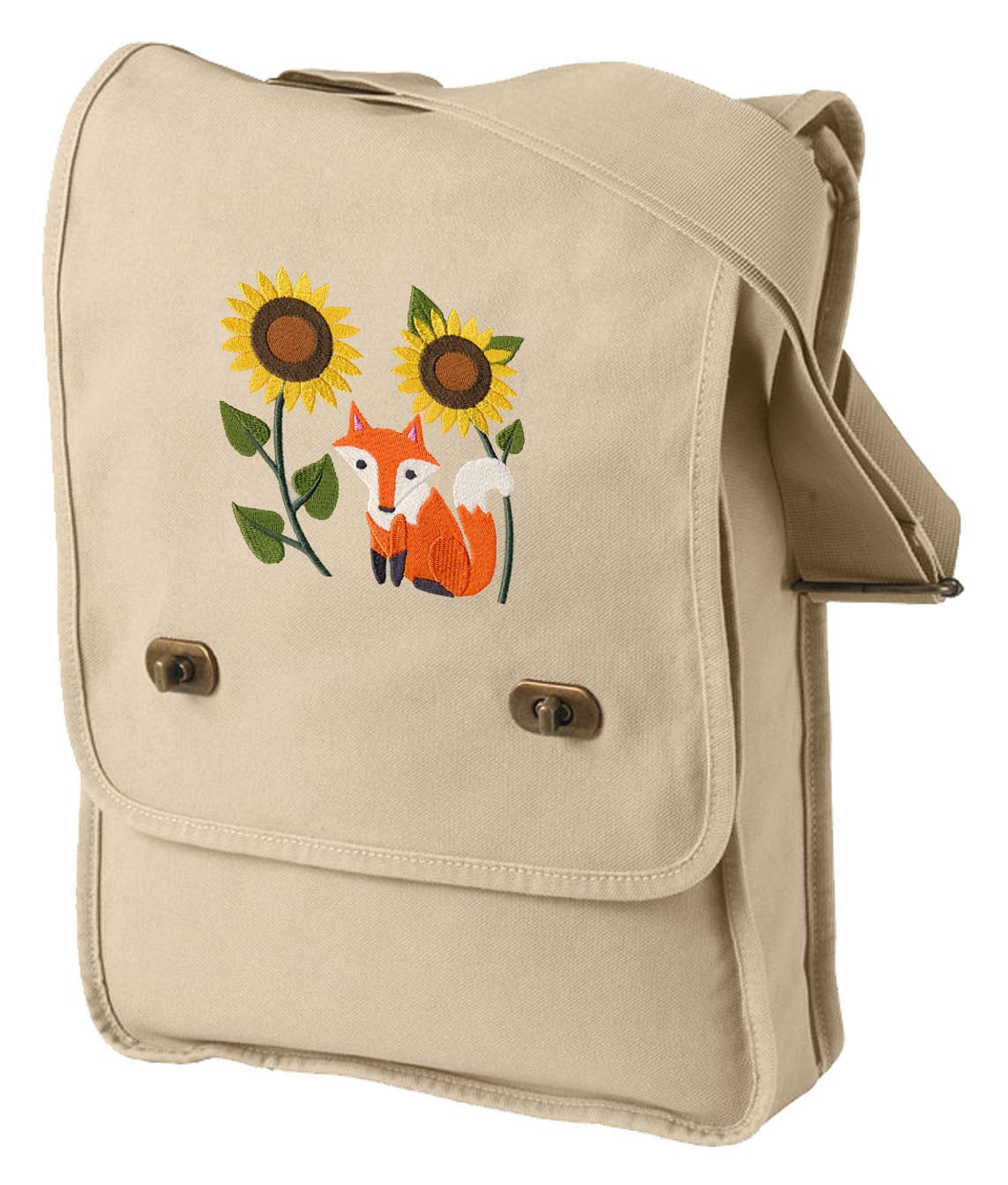 Fox in Sunflowers Embroidered Canvas Field Bag