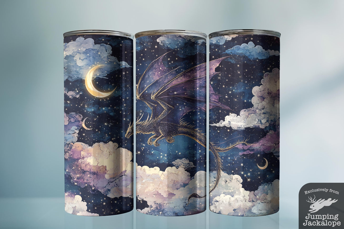 Moonlit Majesty Dragon Tumbler – 20oz Purple Galaxy Fantasy Cup | Starry Sky Scene