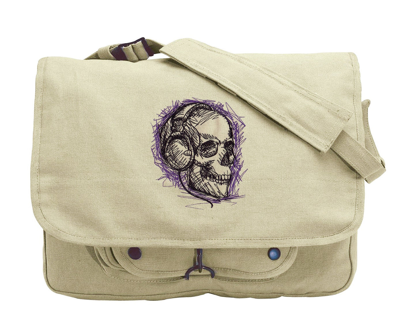 Skull Canvas Messenger Bag, Rockin' Skull Embroidered Canvas Messenger Bag