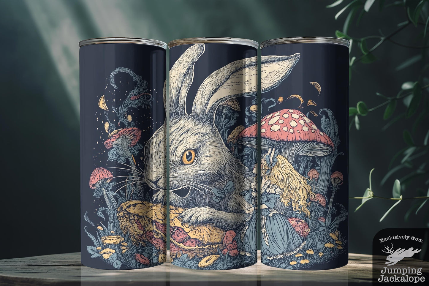 Alice & the White Rabbit Tumbler – 20oz Gothic Wonderland Scene | Sublimated Fantasy Cup | Customizable Fairytale Gift