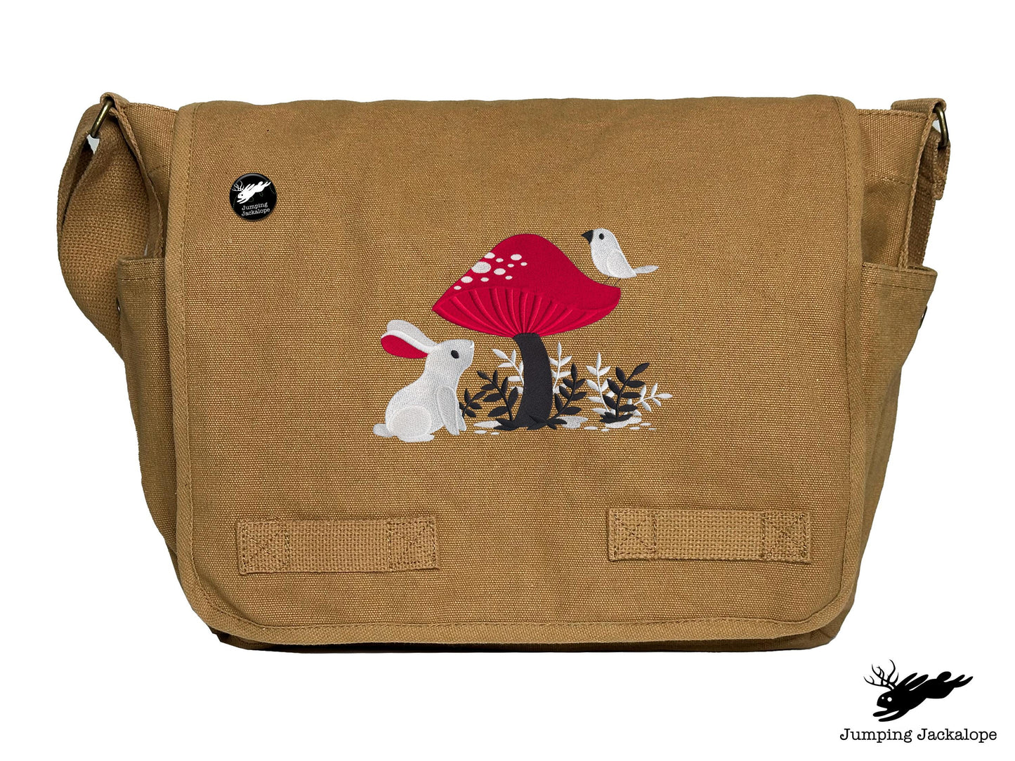 A Curious Find Bunny and Mushroom Design Embroidered Classic Canvas Messenger Bag