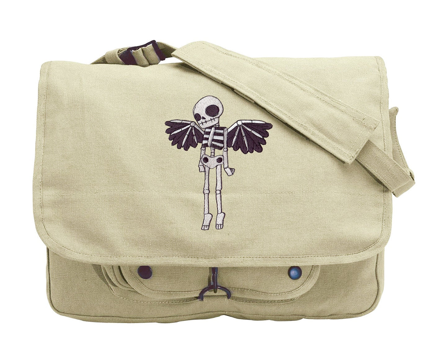 Winged Skeleton Embroidered Canvas Messenger Bag