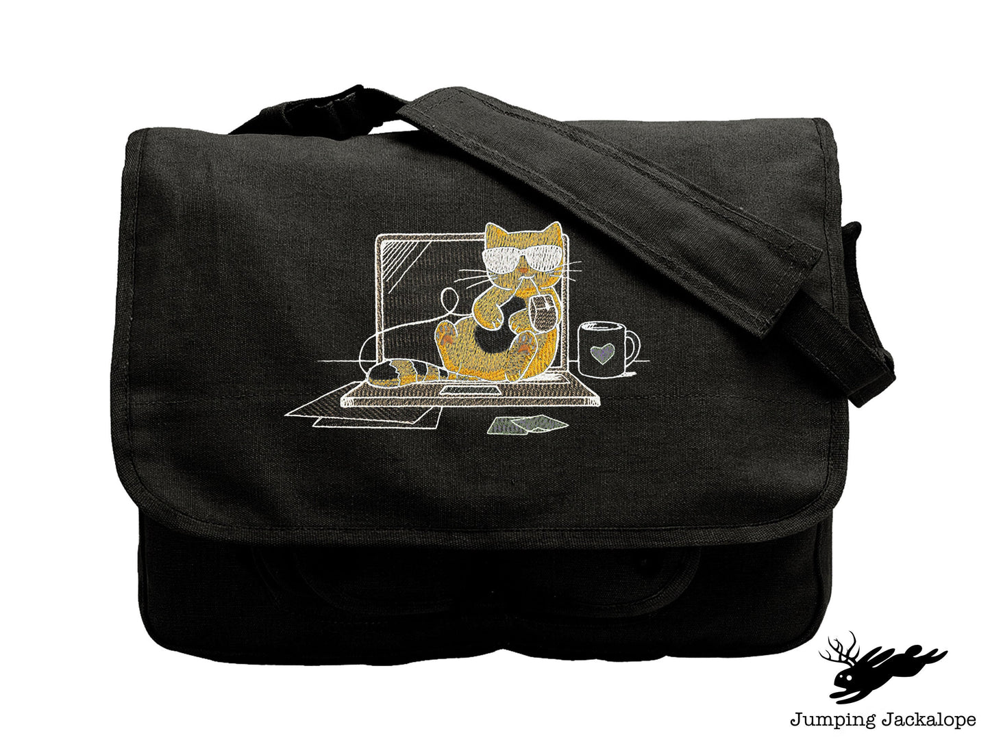 Purr-fectly Cool Co-worker Kitty Embroidered Canvas Messenger Bag, Cat Bag, Work Cat Bag