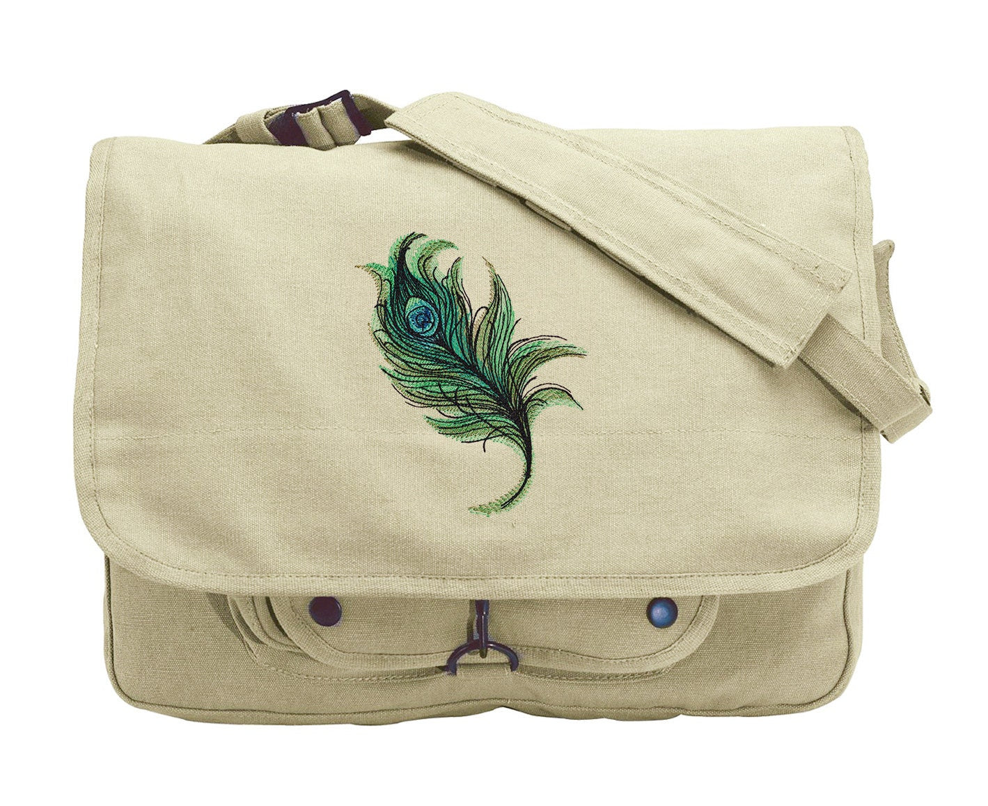 Painted Peacock Feather Embroidered Canvas Messenger Bag