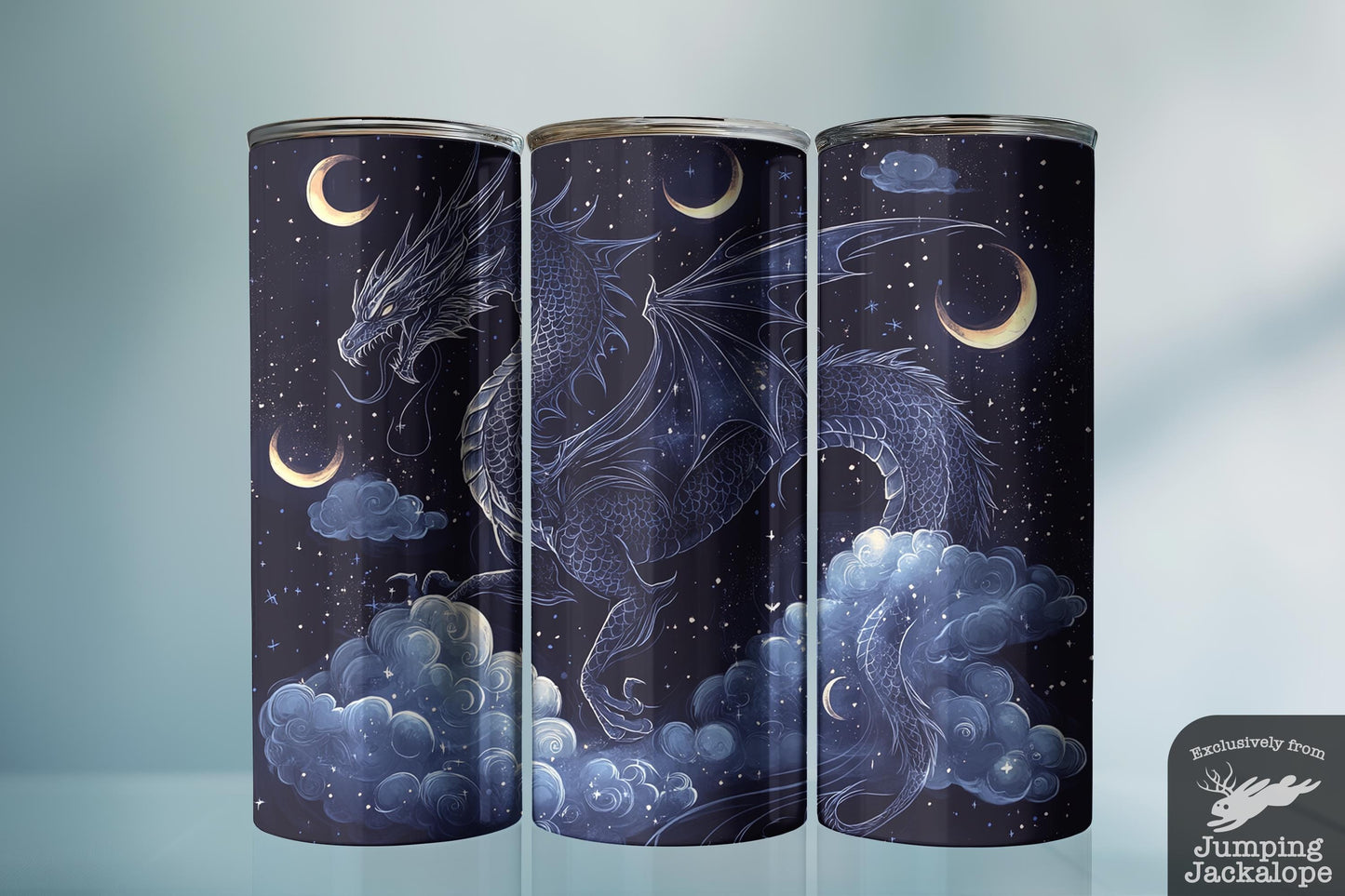 Mystic Moon Dragon Tumbler – 20oz Night Sky Fantasy Drinkware | Celestial Blue Cloud Art