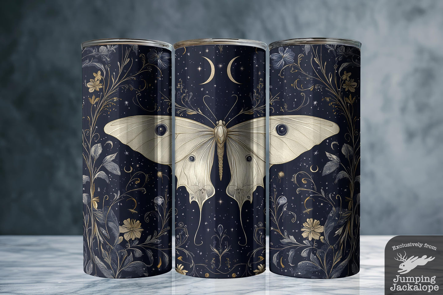 Golden Flight Moth Tumbler – Elegant Gold Moth and Moonlit Floral Mug