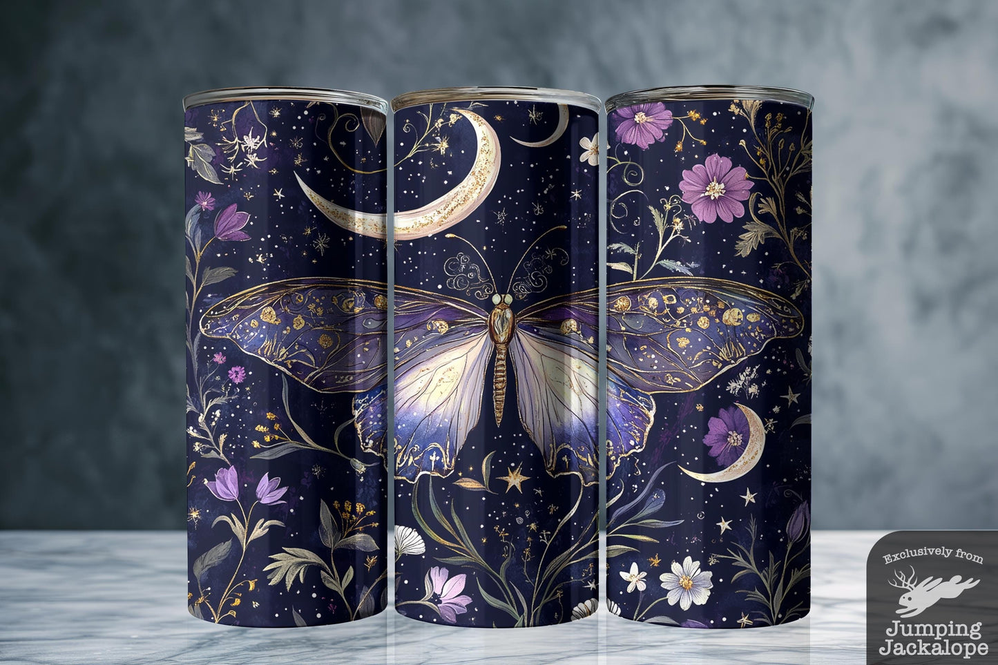 Twilight Bloom Moth Tumbler – Violet & Gold Fantasy Moth and Moon Cup