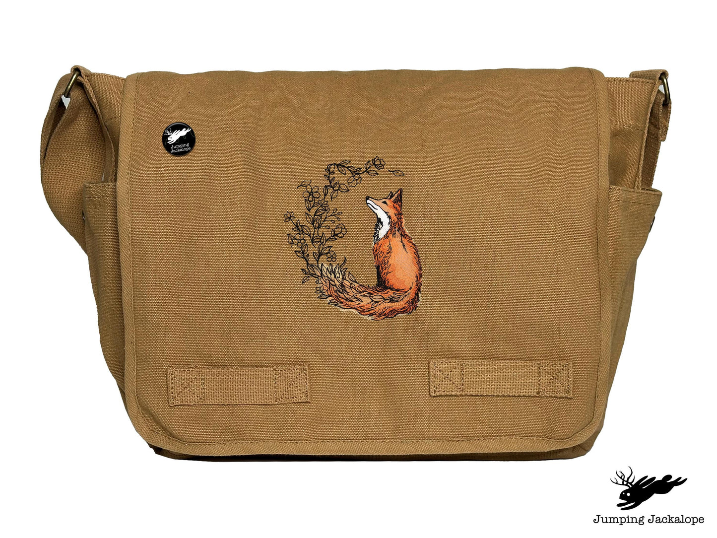 Flower Tailed Fox Design Embroidered Classic Canvas Messenger Bag