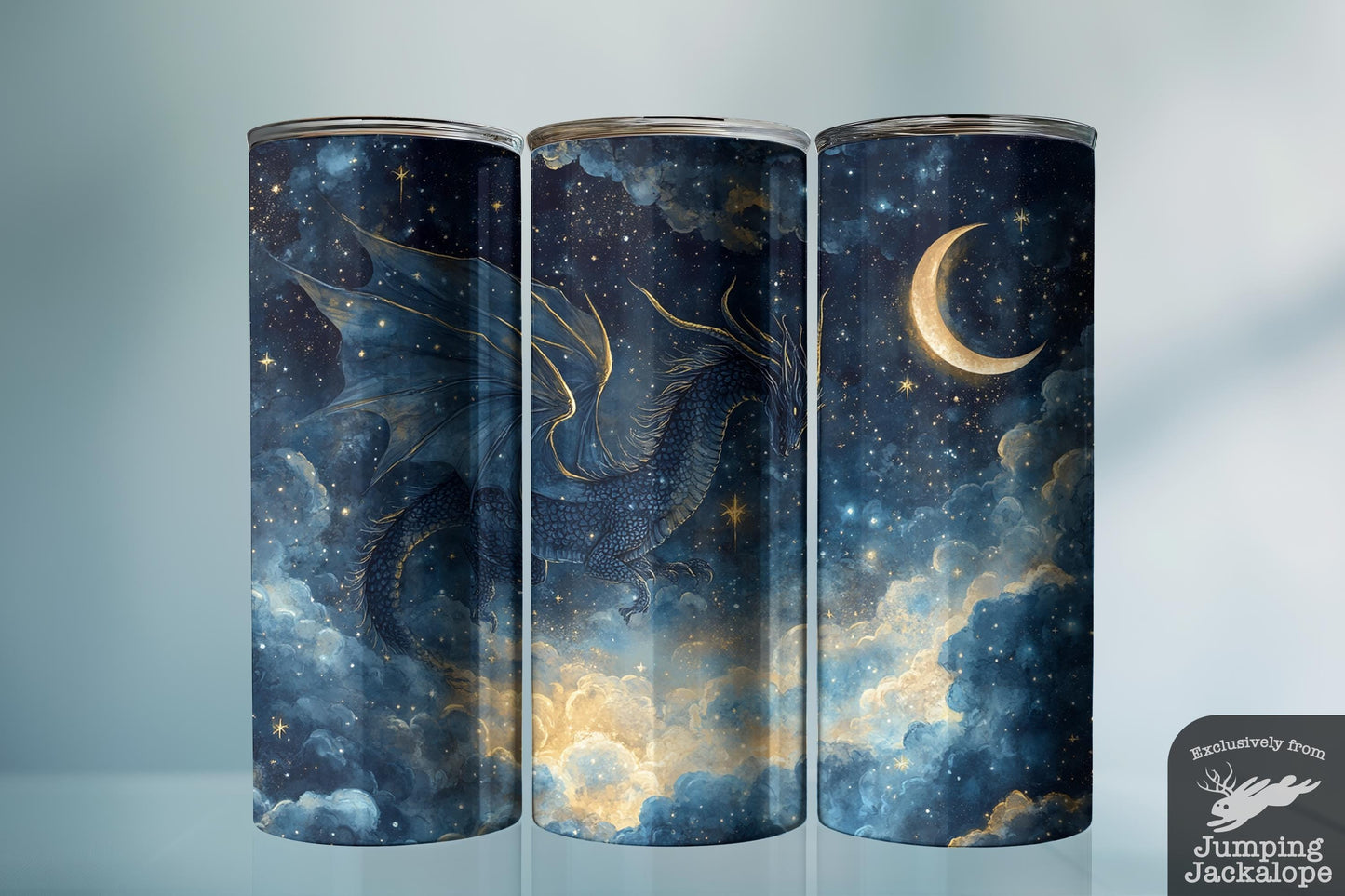 Starborne Flight Dragon Tumbler – 20oz Fantasy Moonlit Sky Art | Celestial Night Drinkware