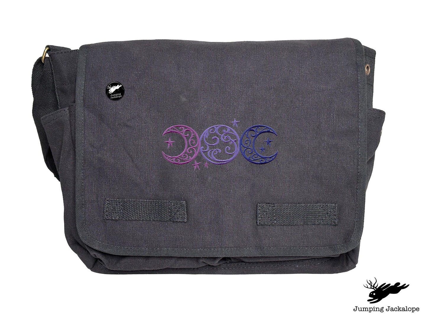 Triple Moon Design Embroidered Classic Canvas Messenger Bag,