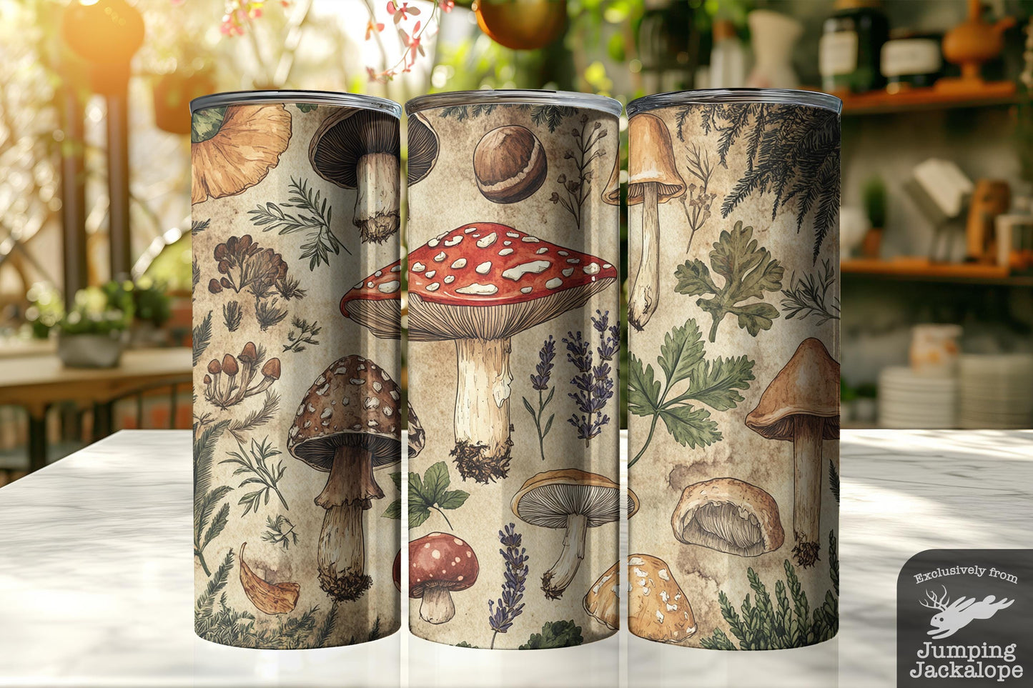 Illustrated Mushroom Tumbler – 20oz Black Ink Forest Fungi Print