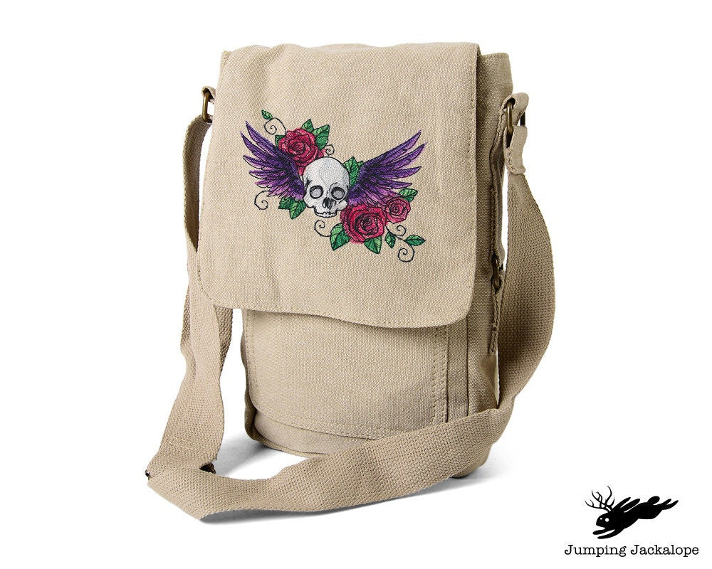 Gothic Flight, Skull Bag, Wings Bag, Roses Bag Embroidered Canvas Tech, Tablet, iPad, Kindle, Fire, Camera Bag