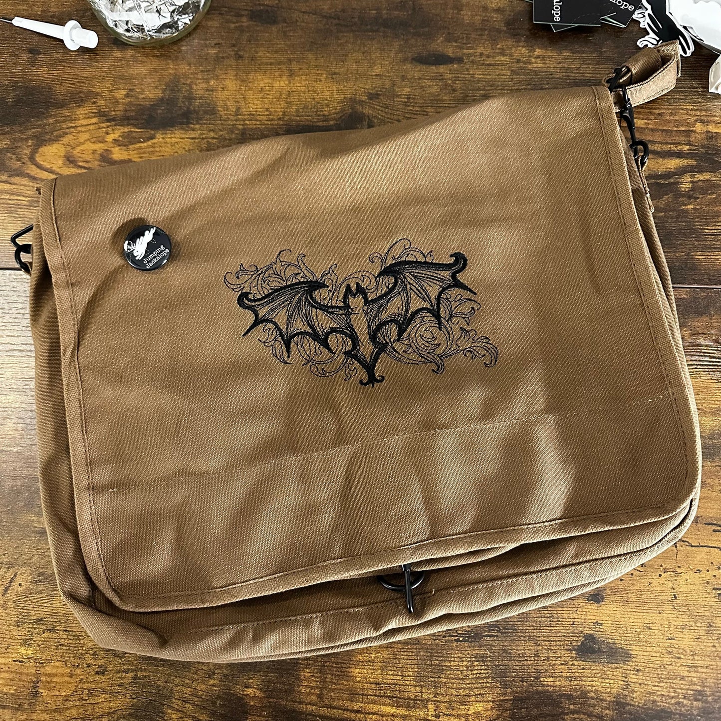 Elegant Bat Embroidered Canvas Messenger Bag
